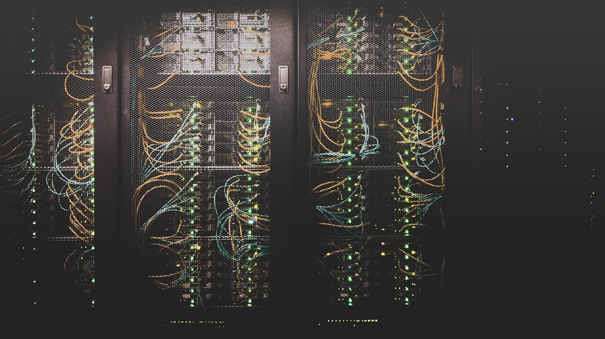Rows of network cabling and blinking status lights inside a dark server rack.