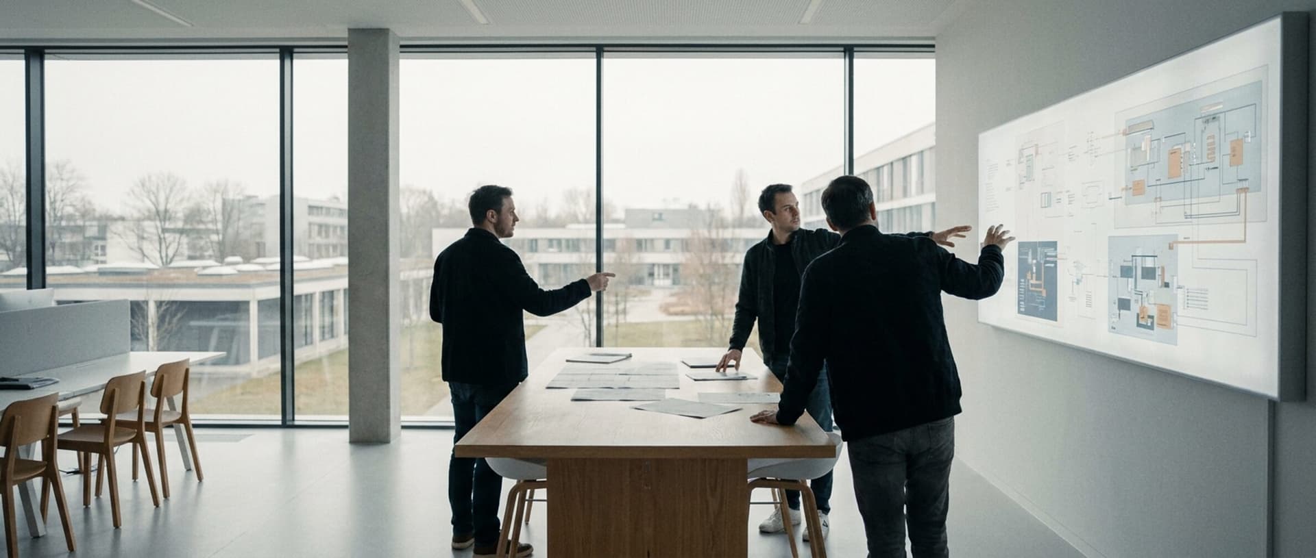 Three colleagues discussing an architecture diagram on a wall display in a bright office.