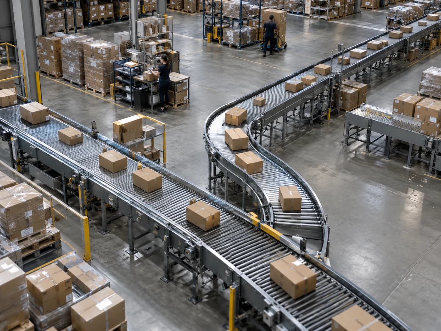 Overhead view of a distribution centre with parcel conveyors and people at work.