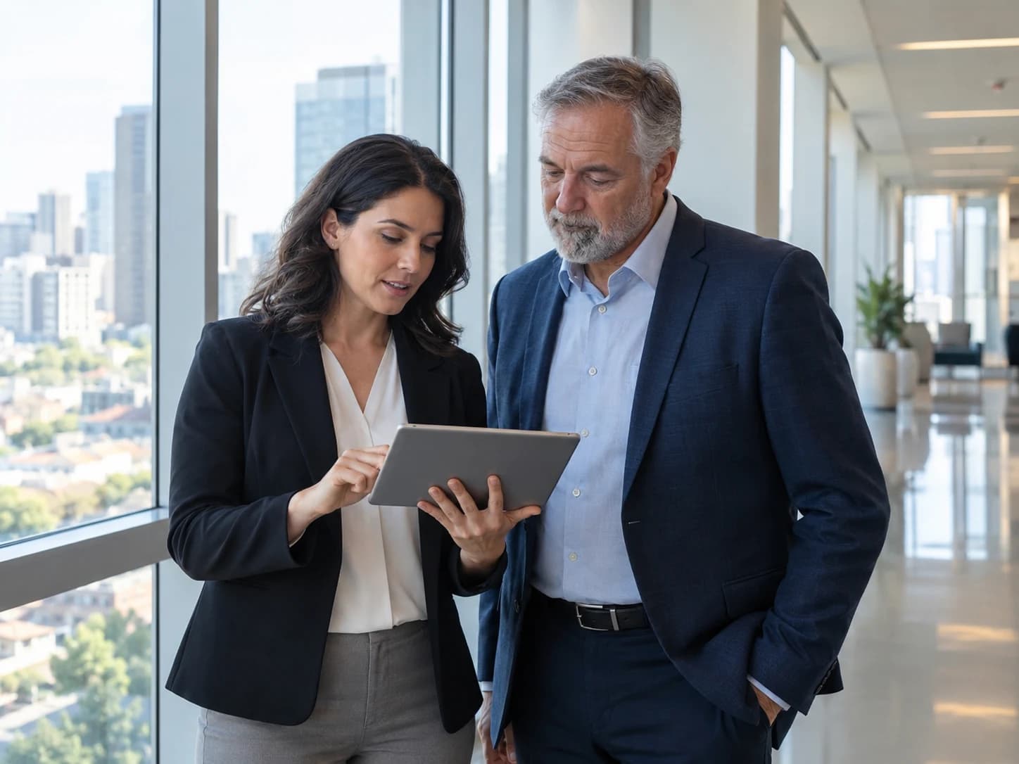 Two colleagues reviewing information together on a tablet in a bright office.