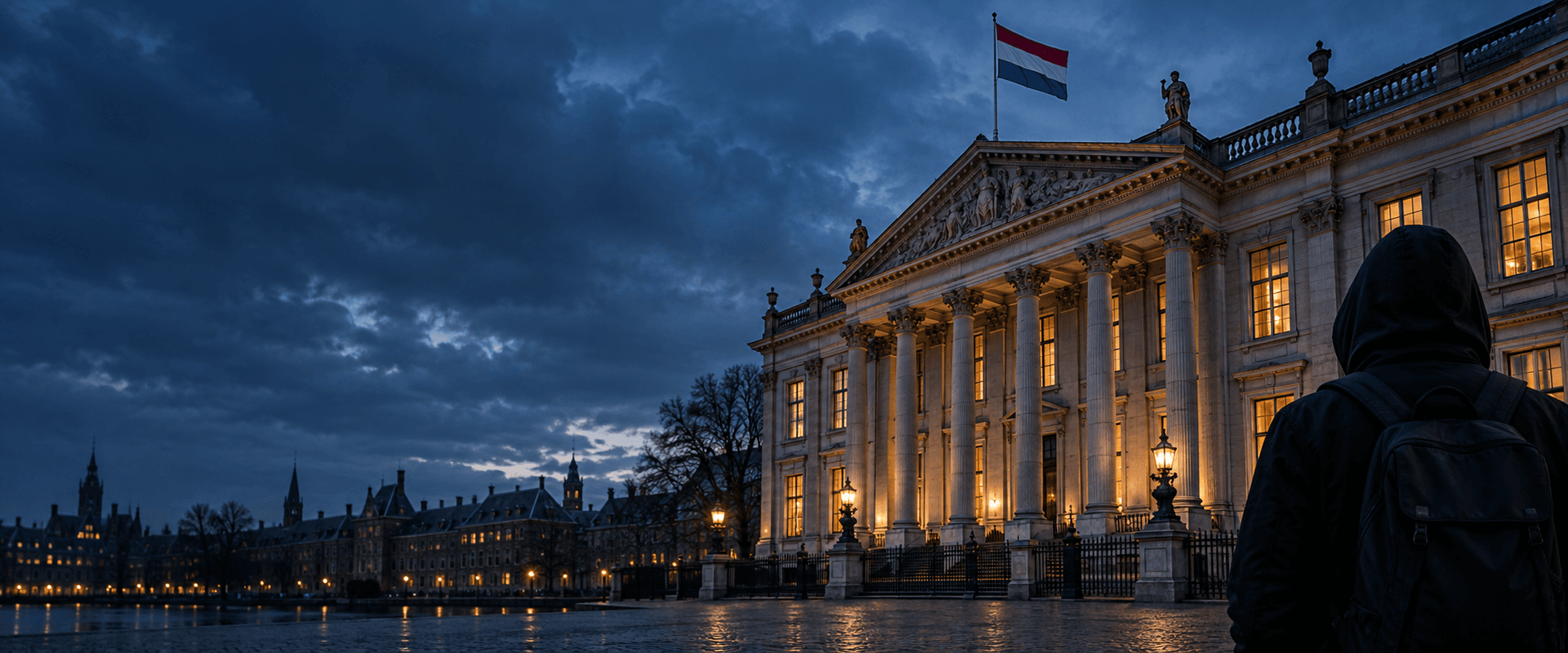 A Dutch government building at dusk, illustrating digital resilience.