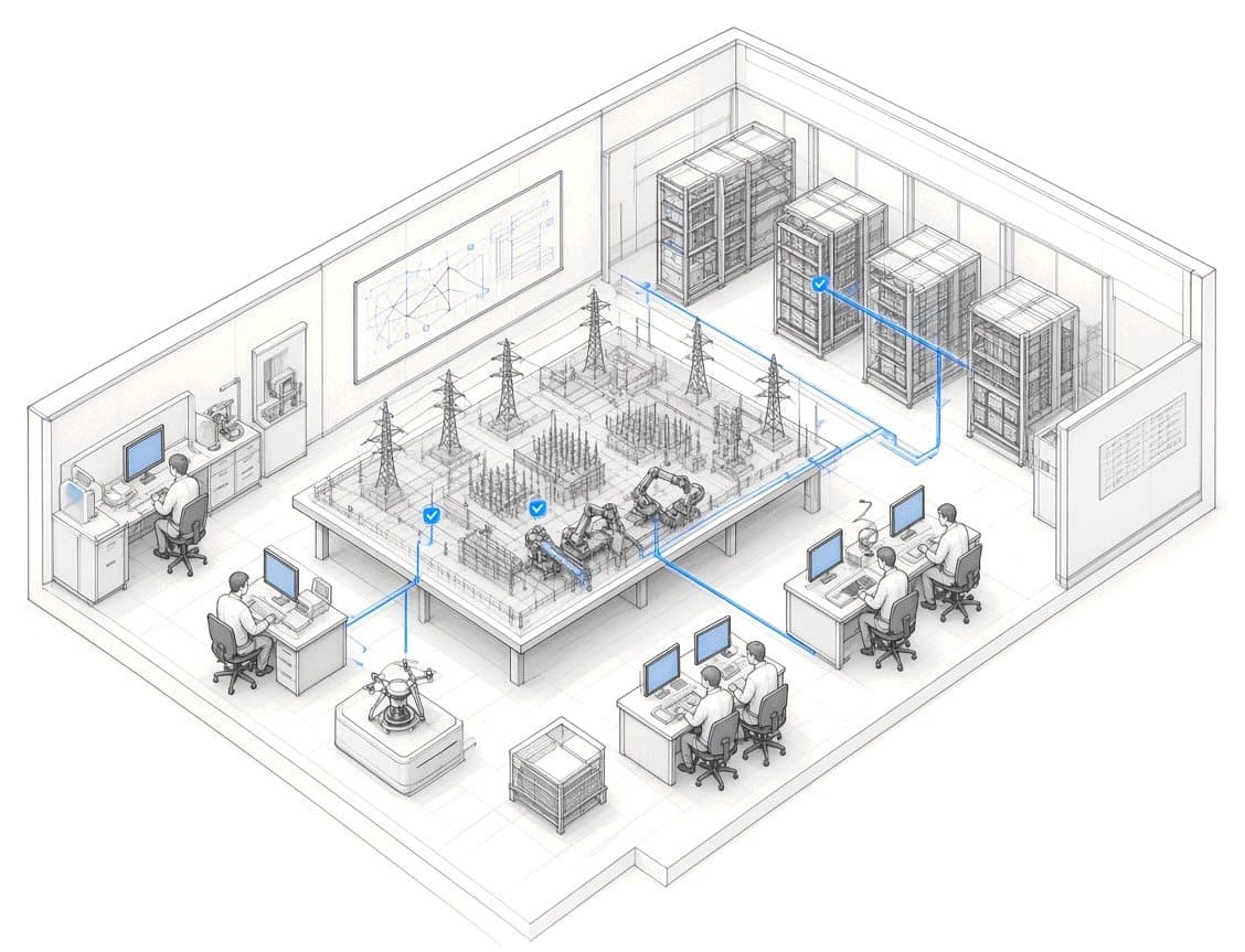 Isometric line drawing of an evaluation lab: miniature grid and factory models on test benches, measurement instruments and a server room, with blue data lines between them.