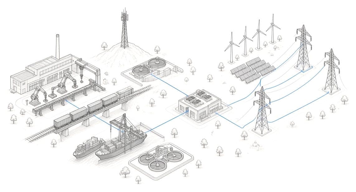 Isometric line drawing of a European industrial landscape — a factory, rail line, port, water treatment, a telecom mast, wind turbines and transmission towers — connected by blue data lines to a small data centre.