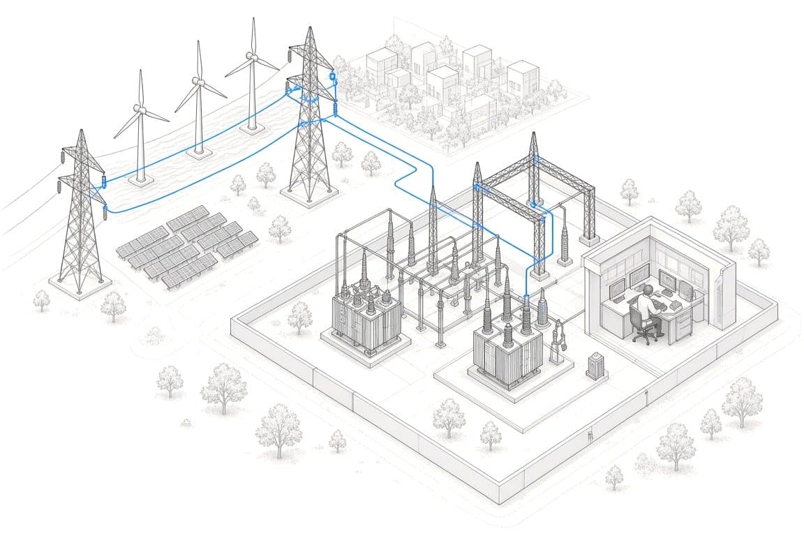 Isometric line drawing of a transmission substation, pylons, wind turbines and solar fields, with blue data lines running to a grid control room.
