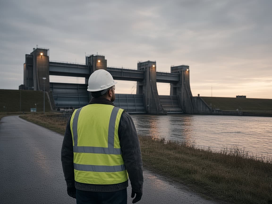 An engineer seen from behind looking at a storm-surge barrier across a wide river at dusk.