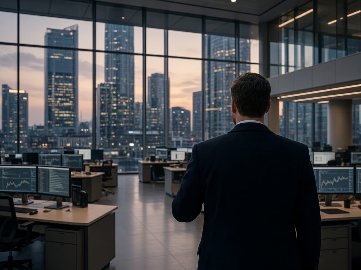 A risk analyst seen from behind on a bank's operations floor at dusk, with a financial district beyond the glass.
