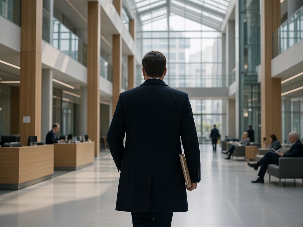 A civil servant walking through the bright atrium of a modern public building.