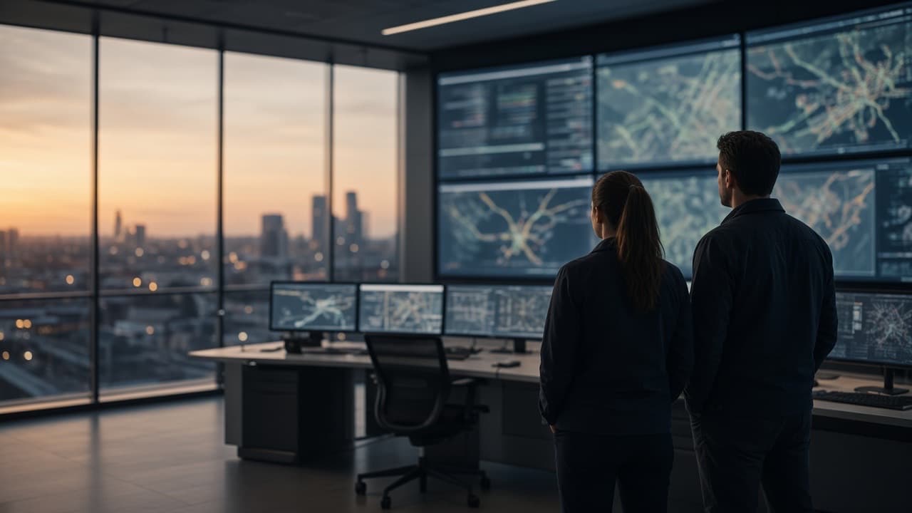 Two operations staff seen from behind in a control room at dusk, looking at a wall of network maps and status displays with a city skyline beyond the glass.