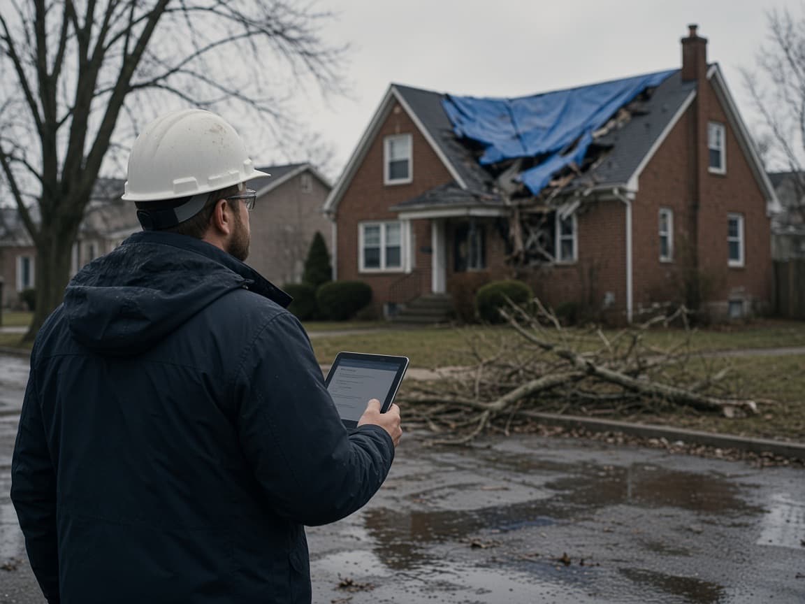 A claims assessor with a tablet looking at a storm-damaged house on a residential street.