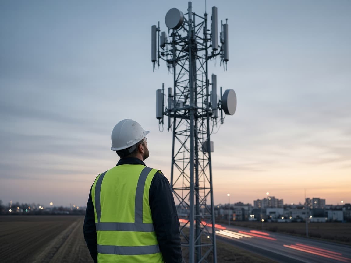 A field technician in a hi-vis vest looking up at a telecom mast at dusk.